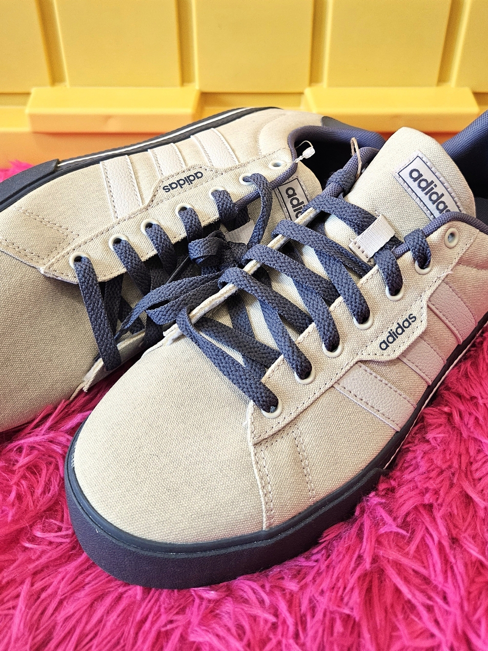 adidas Men’s Tan Canvas Sneakers with Black Soles and Navy Laces